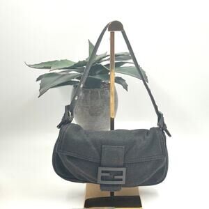 Fendi Charcoal Grey Gray Wool Baguette Dark Gray Gunmetal Hardware‎ Shoulder Bag